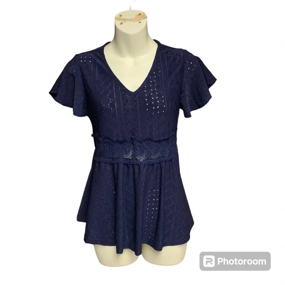 SHEIN blue blouse size small ruched waist and cute cutouts semi sheer - Picture 1 of 6